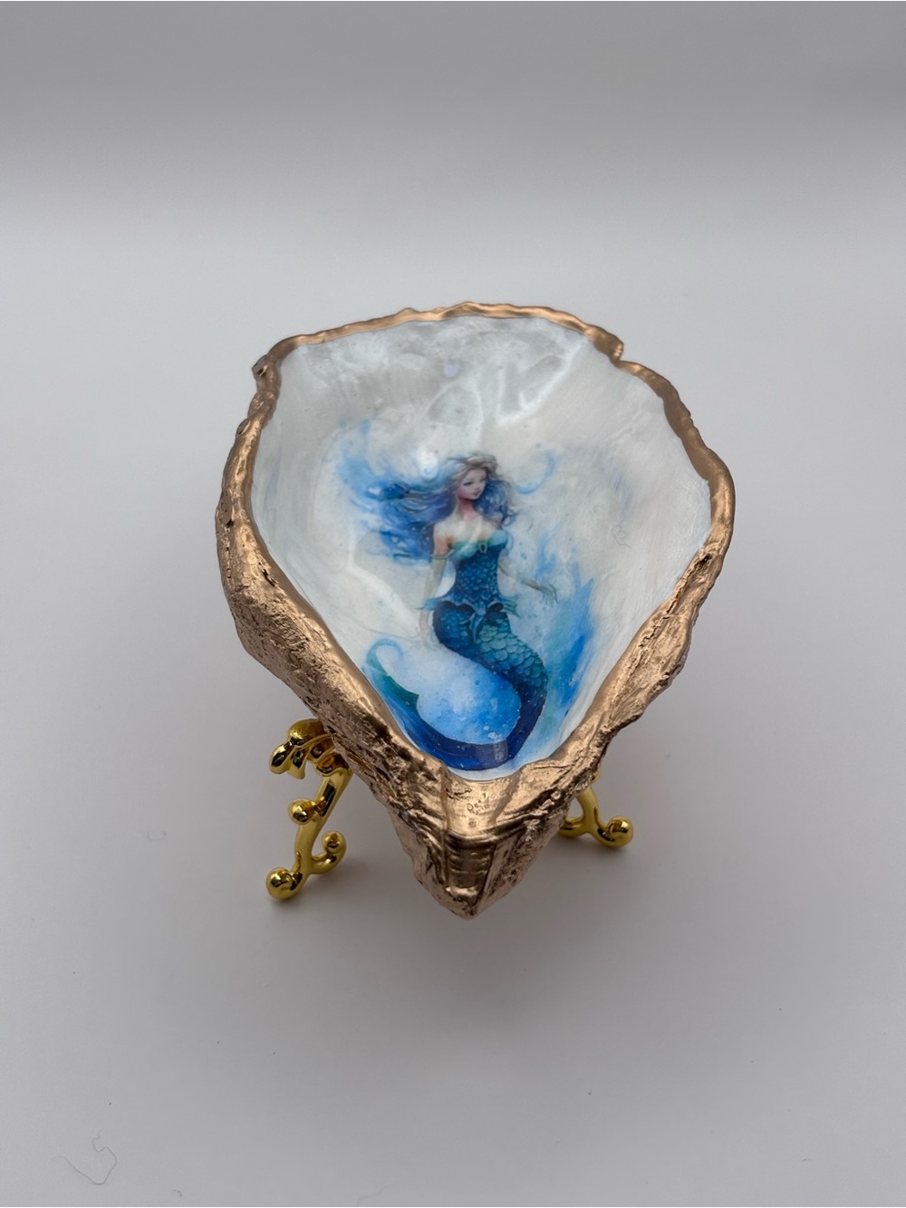 Mermaid Oyster Shell Trinket Dish - Blue and Gold - Picture 5 of 6
